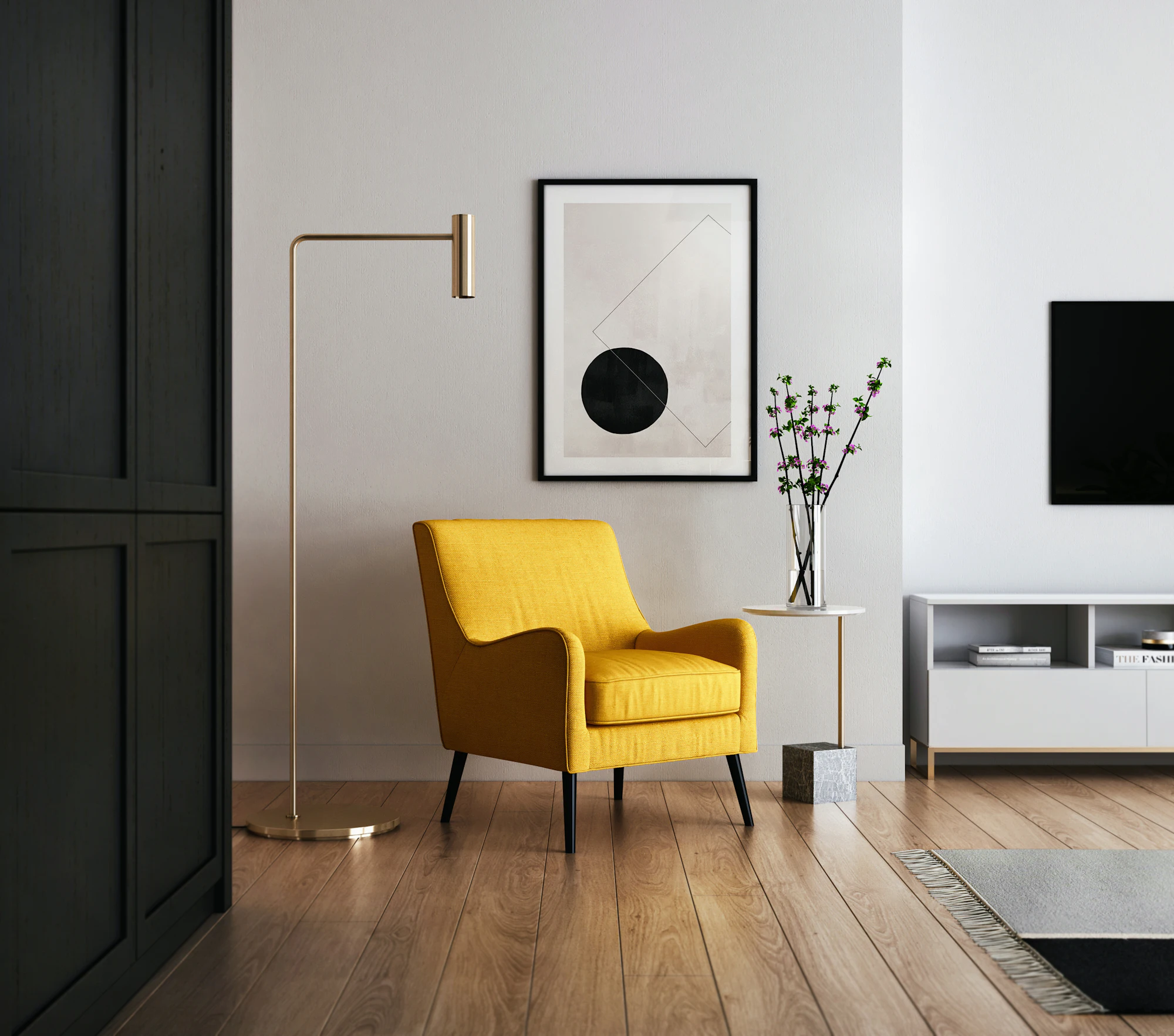 Editorial interior vignette with mustard armchair, floor lamp and framed art
