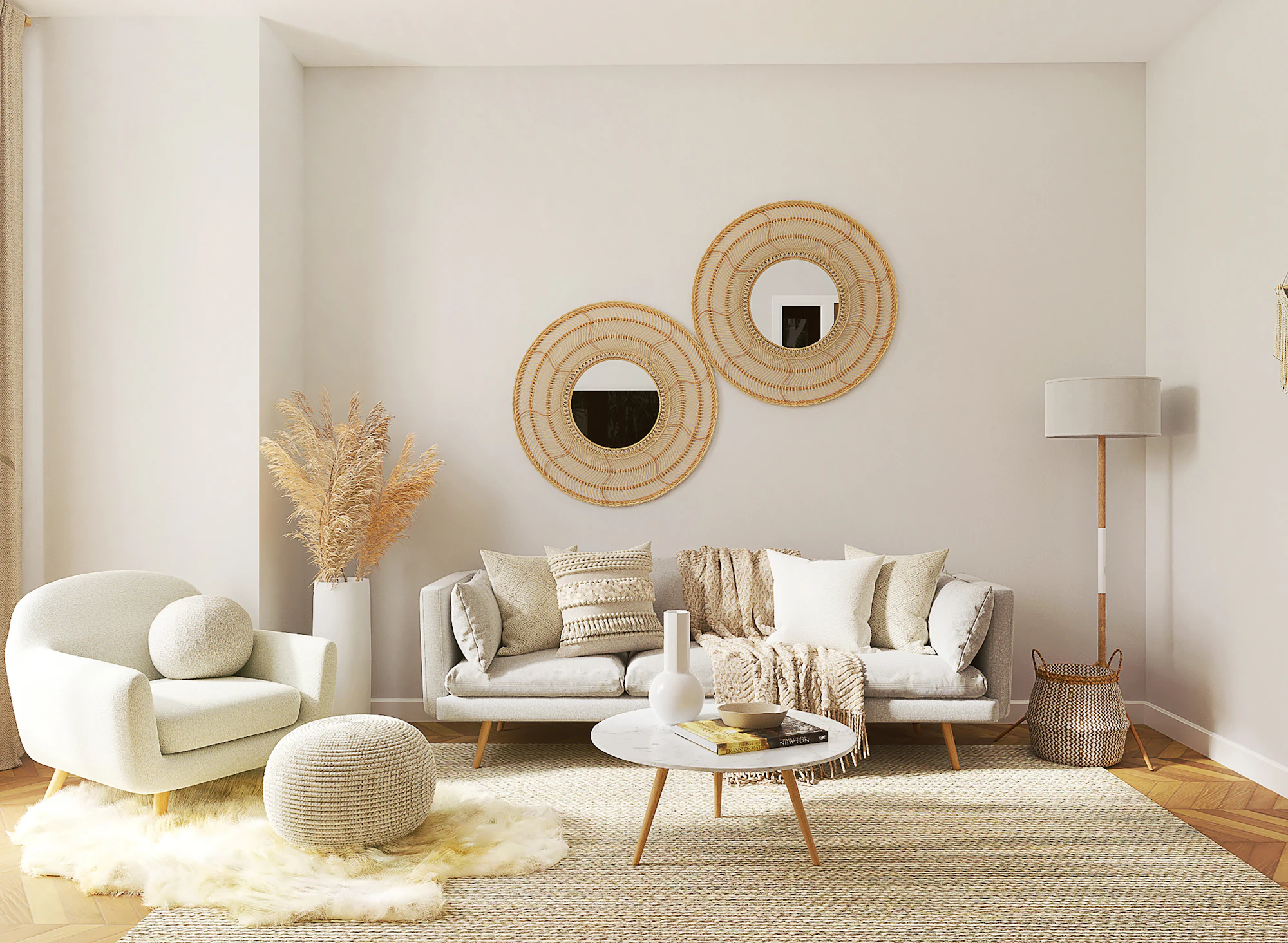 Soft, airy living room with cream bouclé sofa, rattan mirrors and natural textures