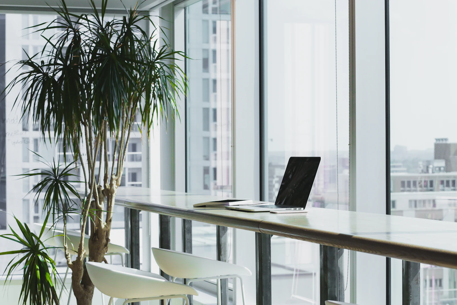 Bright modern office with glass balcony, plants and minimal white workstations