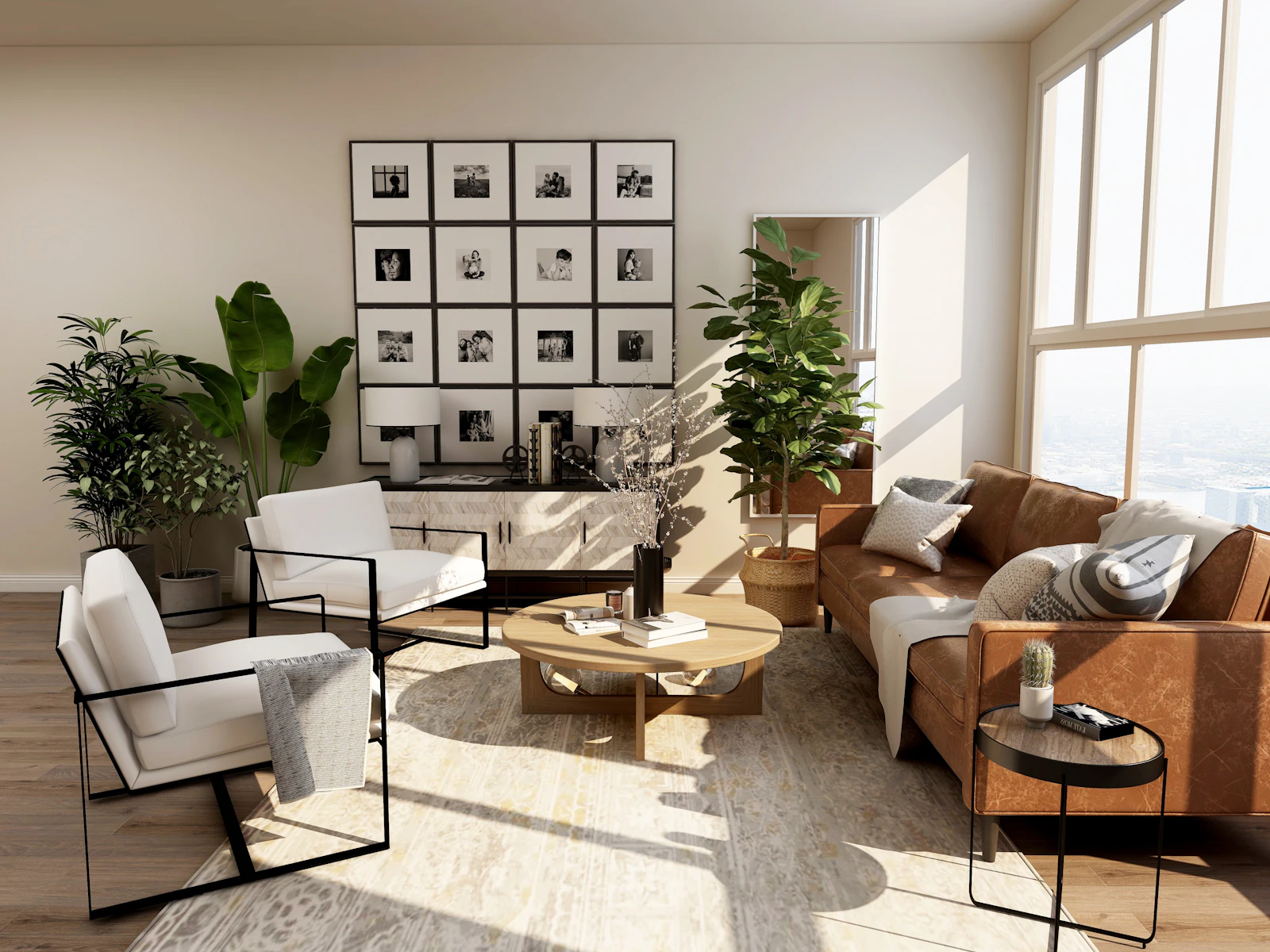 Sunlit residential living area with leather lounge chair, sofa and gallery wall
