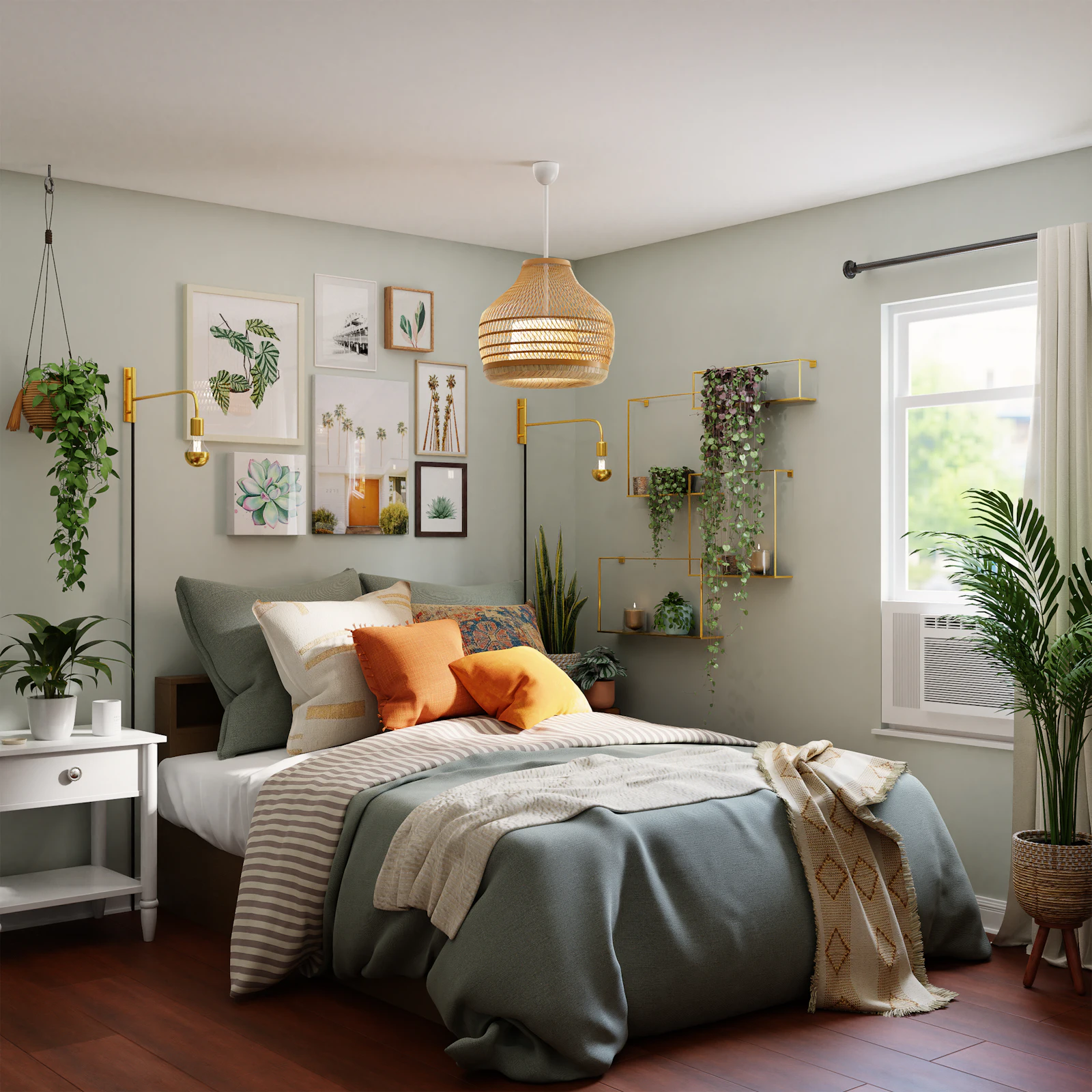 Cosy bedroom with layered bedding, rattan pendants and hanging plants