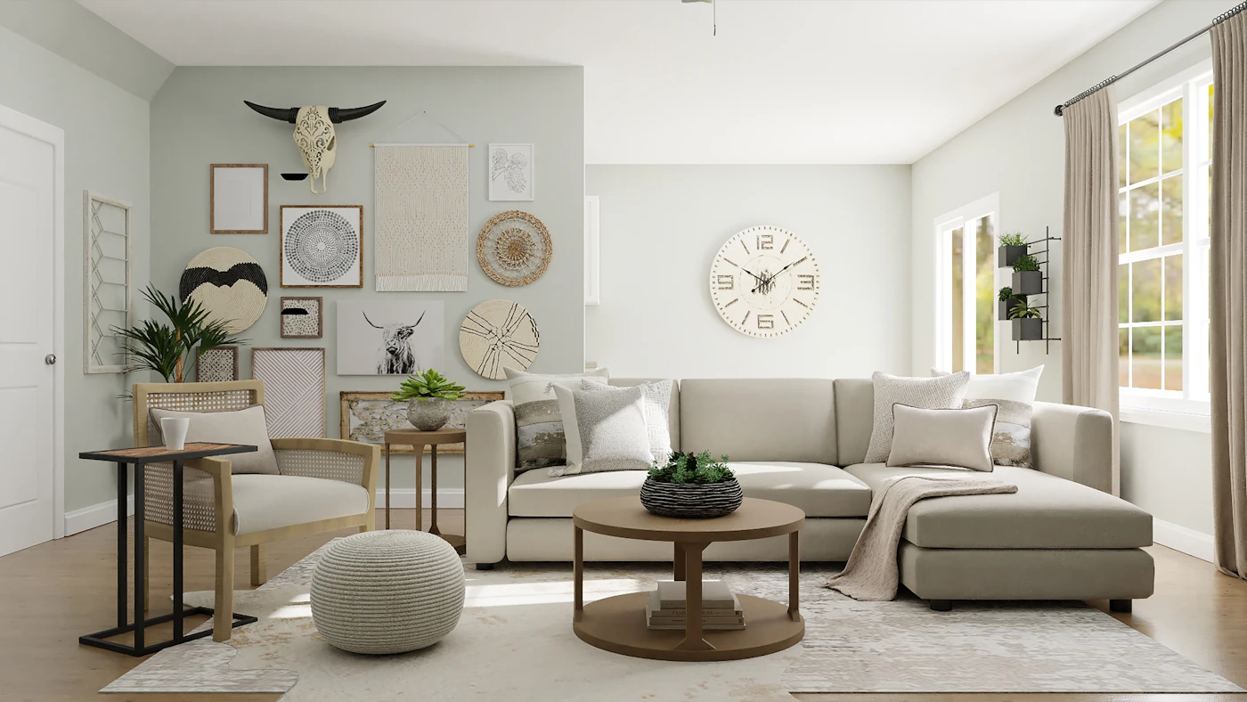 Characterful living room with sculptural décor, cream sofa and personal accents