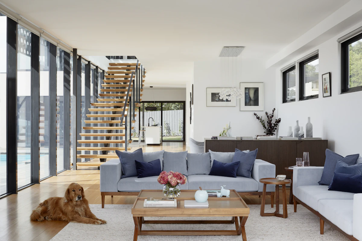 Bright, open-plan contemporary home interior with sofa seating, warm wood and natural light